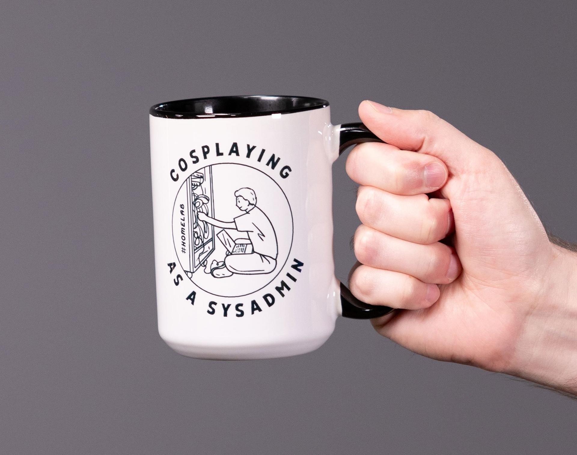 A Jeff Geerling mug showing a illustration of a dude pretending to be a sysadmin on weekends
